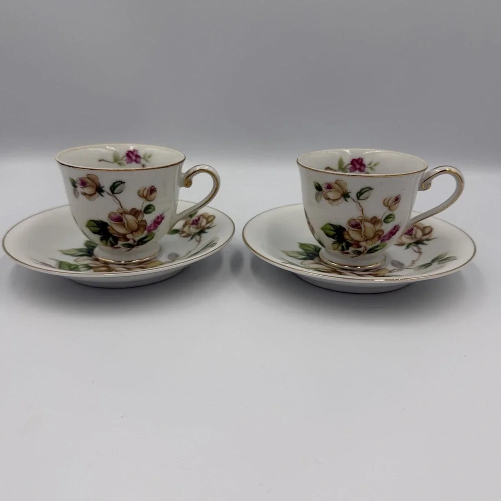 Vintage Lynmore Golden Rose 2 Teacups With Saucers  Fine China Japan Yellow Pink